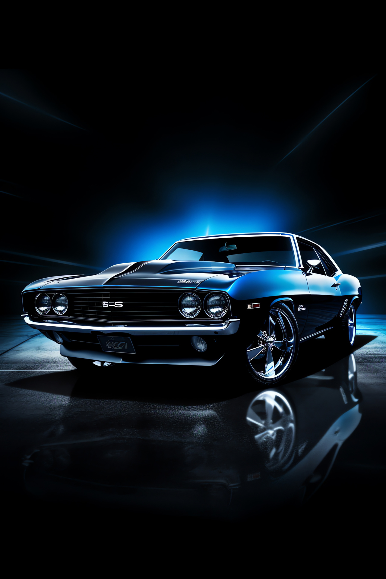 Classic muscle car charm, Vintage auto pride, Nighttime gleam, American auto heritage, Street reflection, HD Phone Image