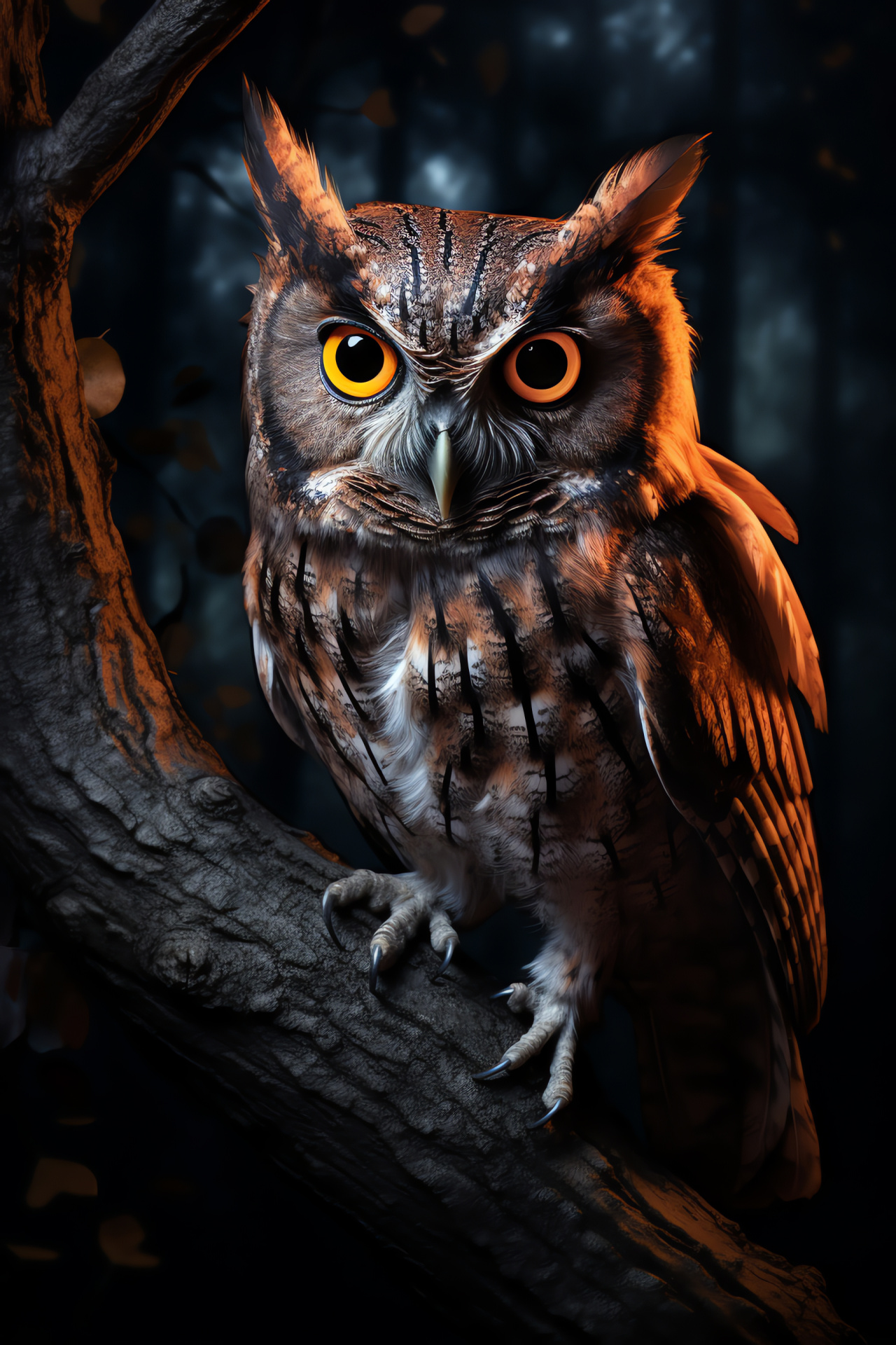 Screech Owl stare, Nocturnal bird, Grey-brown plumage, Lunar shadow play, Ethereal bird form, HD Phone Image