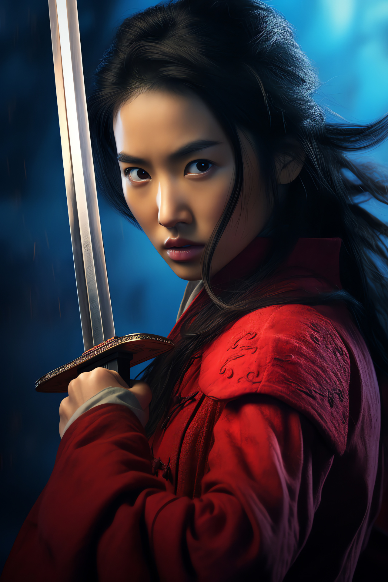 Mulan closeup, Sharp sword, Woman warrior, Movie still, Monochromatic scheme, HD Phone Image