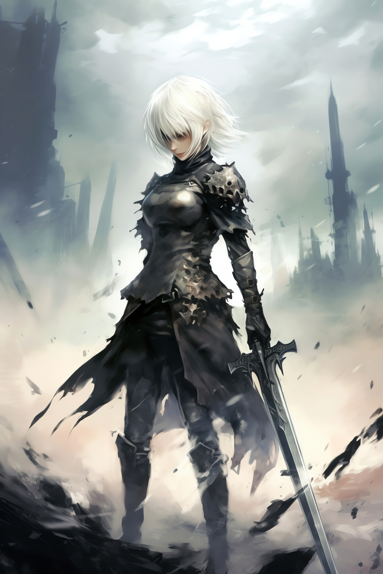 Nier Replicant A2, Android warrior, Combat greatsword, Action sequence, Sci-fi theme, HD Phone Wallpaper