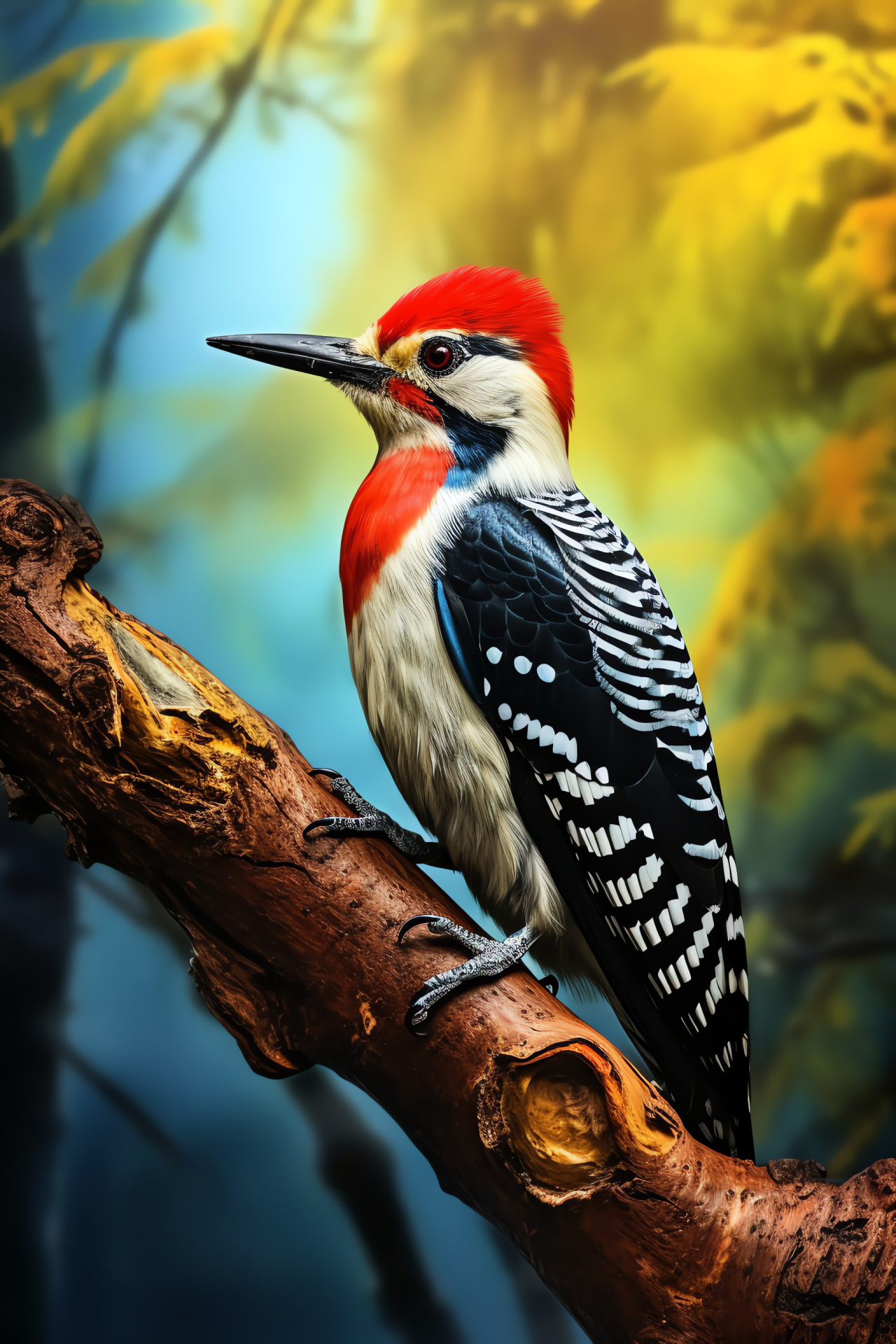 Picidae tree drummer, red cap plumage, ornithological color trio, avian crested beauty, pointed bill, HD Phone Wallpaper