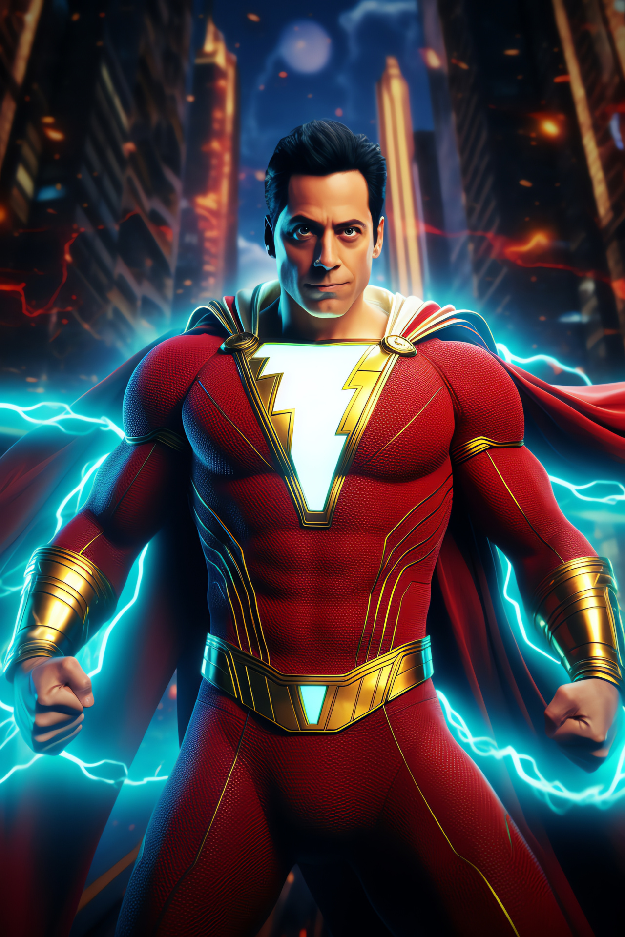 Heroic Shazam stance, Confident superhero, Vigor and valor, Lightning-wielder, Superhuman, HD Phone Image