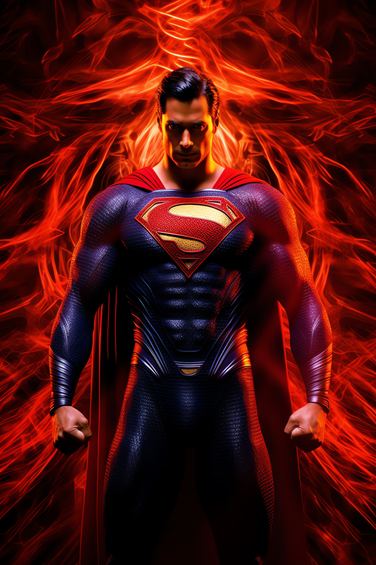 Superman, Heroic glare, Modern superhero, Stylized suit, Sci-fi lighting, HD Phone Image