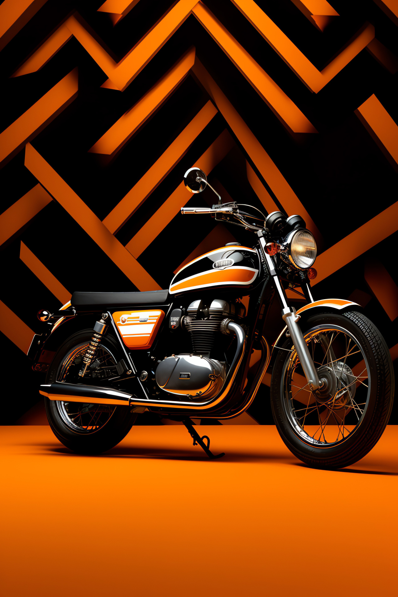 Yamaha XS650 classic bike, Vintage motorcycle side profile, Two-tone aesthetic, Abstract pattern backdrop, Motorbike heritage, HD Phone Image