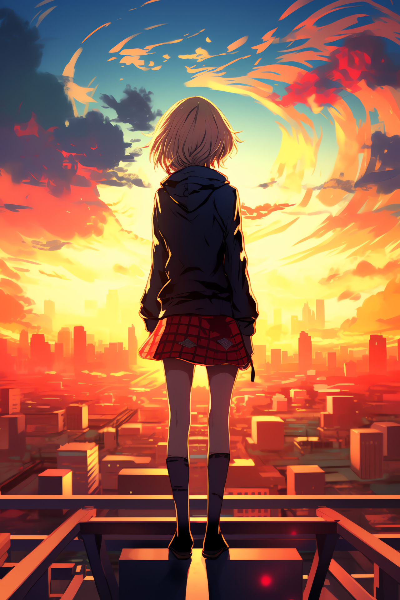Persona 3 Aigis game, High school rooftop scene, Evening ambiance, Anime graphics, HD Phone Wallpaper