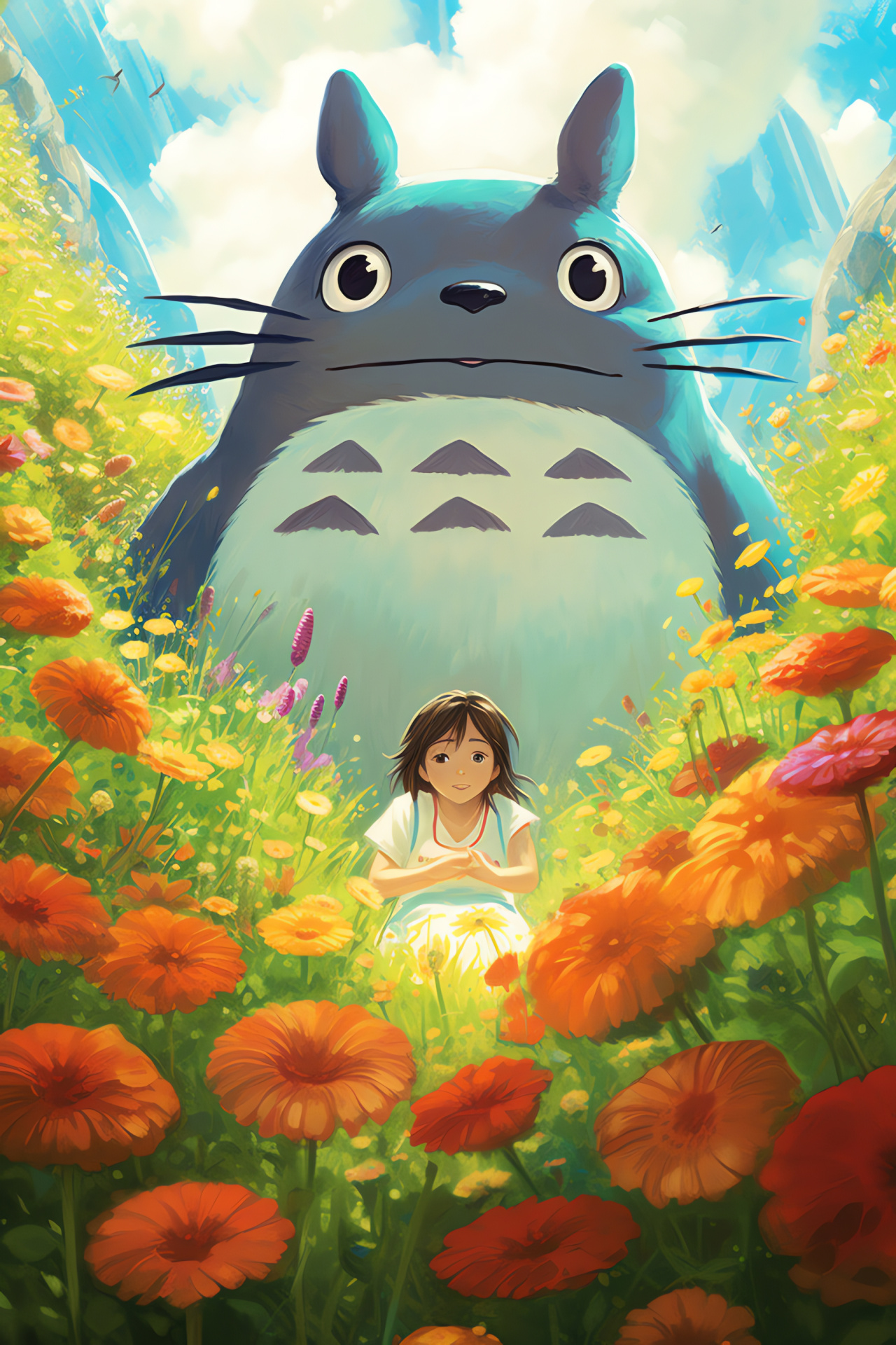 Totoro with friends, Field of flowers, My Neighbor Totoro moment, Children's adventure, Japanese animation, HD Phone Wallpaper