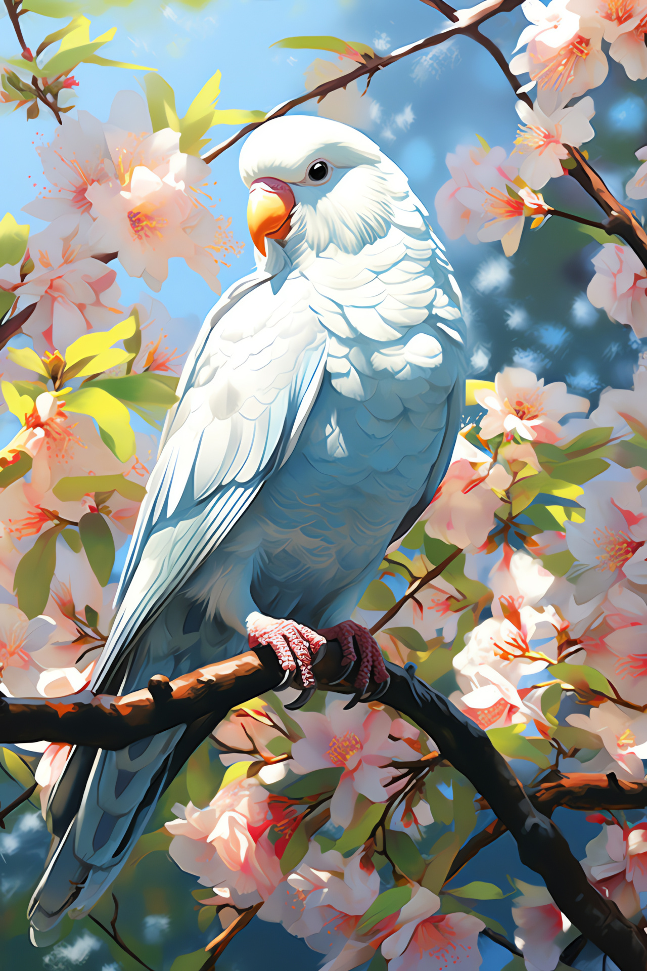 White Parakeet, Avian bearing, Tree perch, Rays in fauna, Outdoor elegance, HD Phone Wallpaper