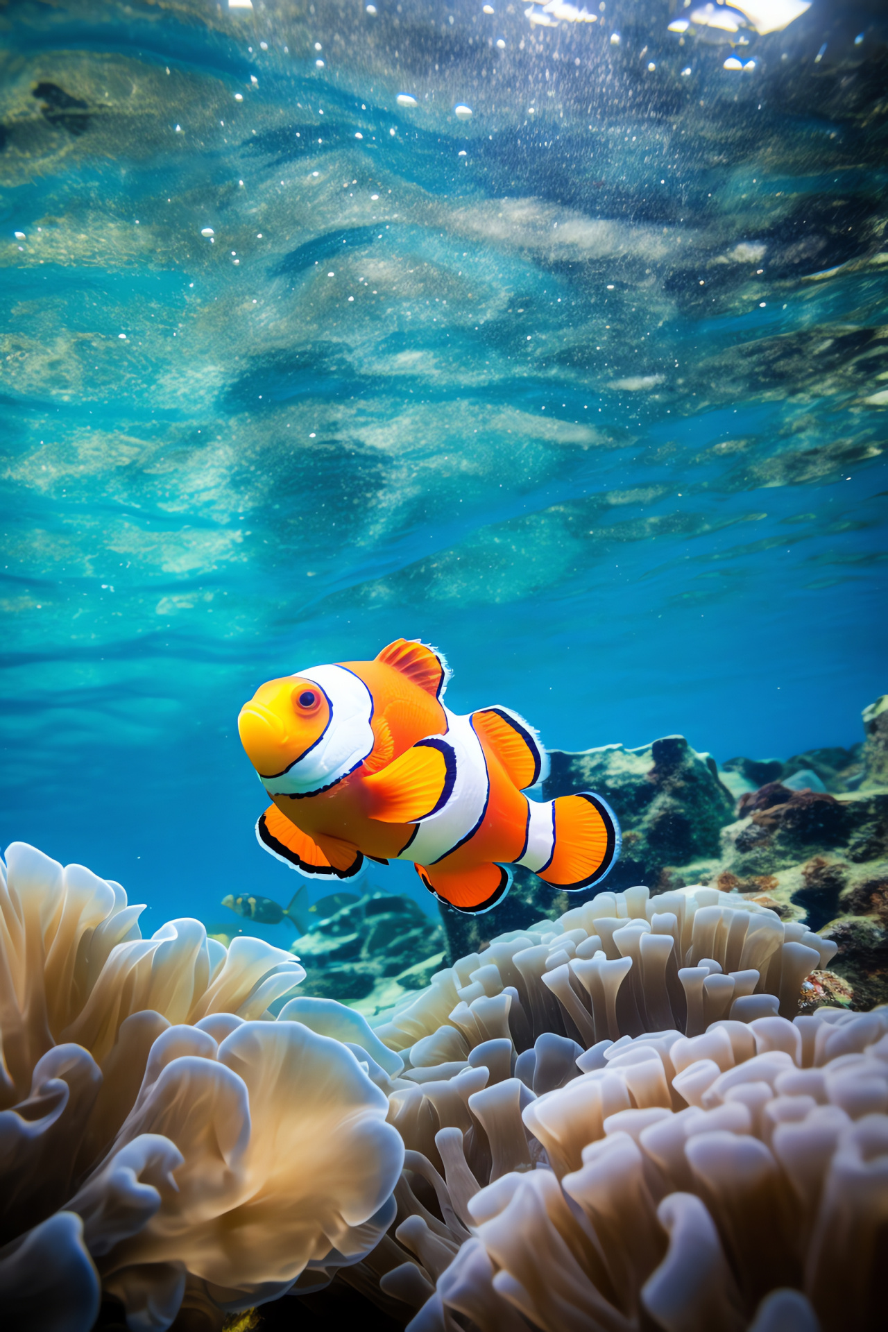 Clownfish aquatic trail, marine animal, coral reef inhabitant, sea fin movement, oceanic ecosystem, HD Phone Image