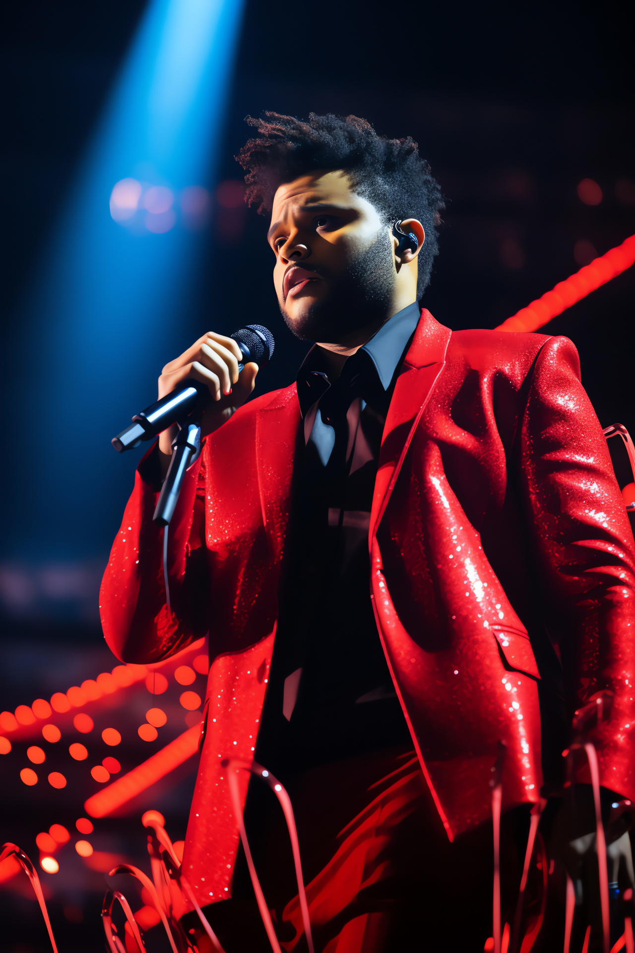 The Weeknd's Super Bowl showcase, captivating light display, iconic red performance suit, central with microphone, HD Phone Image