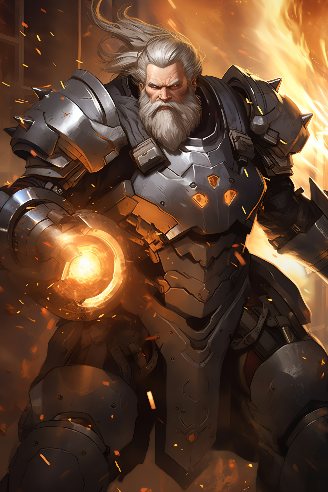 Overwatchs Reinhardt, Germanic valor, powerful hammer strike, armored knight, justice embodiment, HD Phone Image