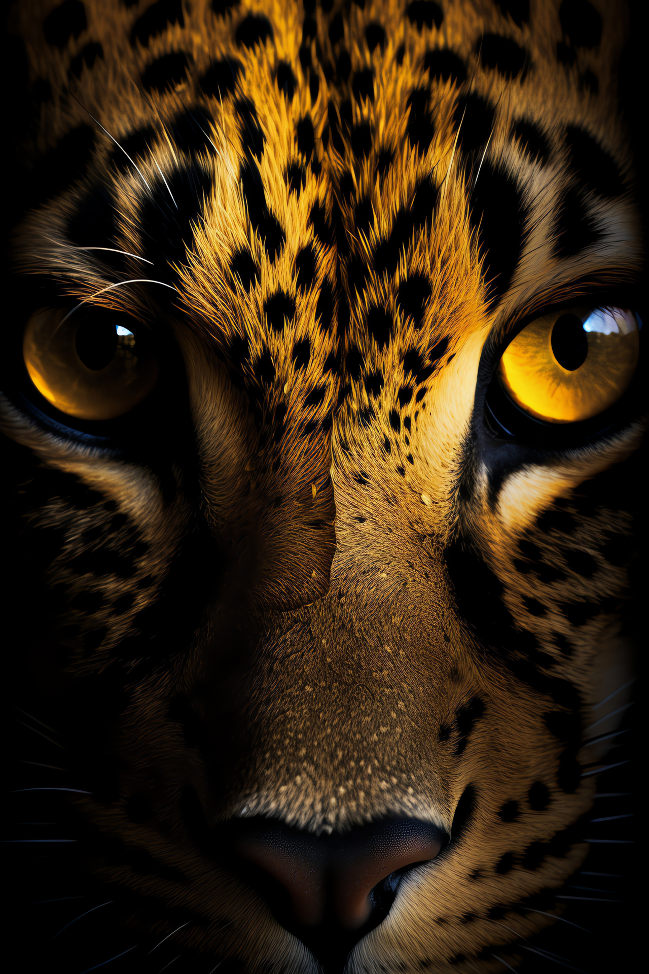 Ocelot, yellow-eyed, dark coat, distant gaze, geometric backdrop animal, HD Phone Wallpaper