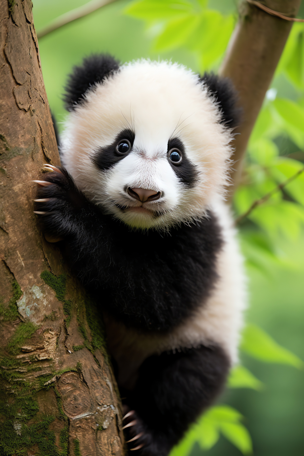 Juvenile panda playfulness, Furry cub, Creature black white, Bamboo habitat, Animal innocence, HD Phone Wallpaper