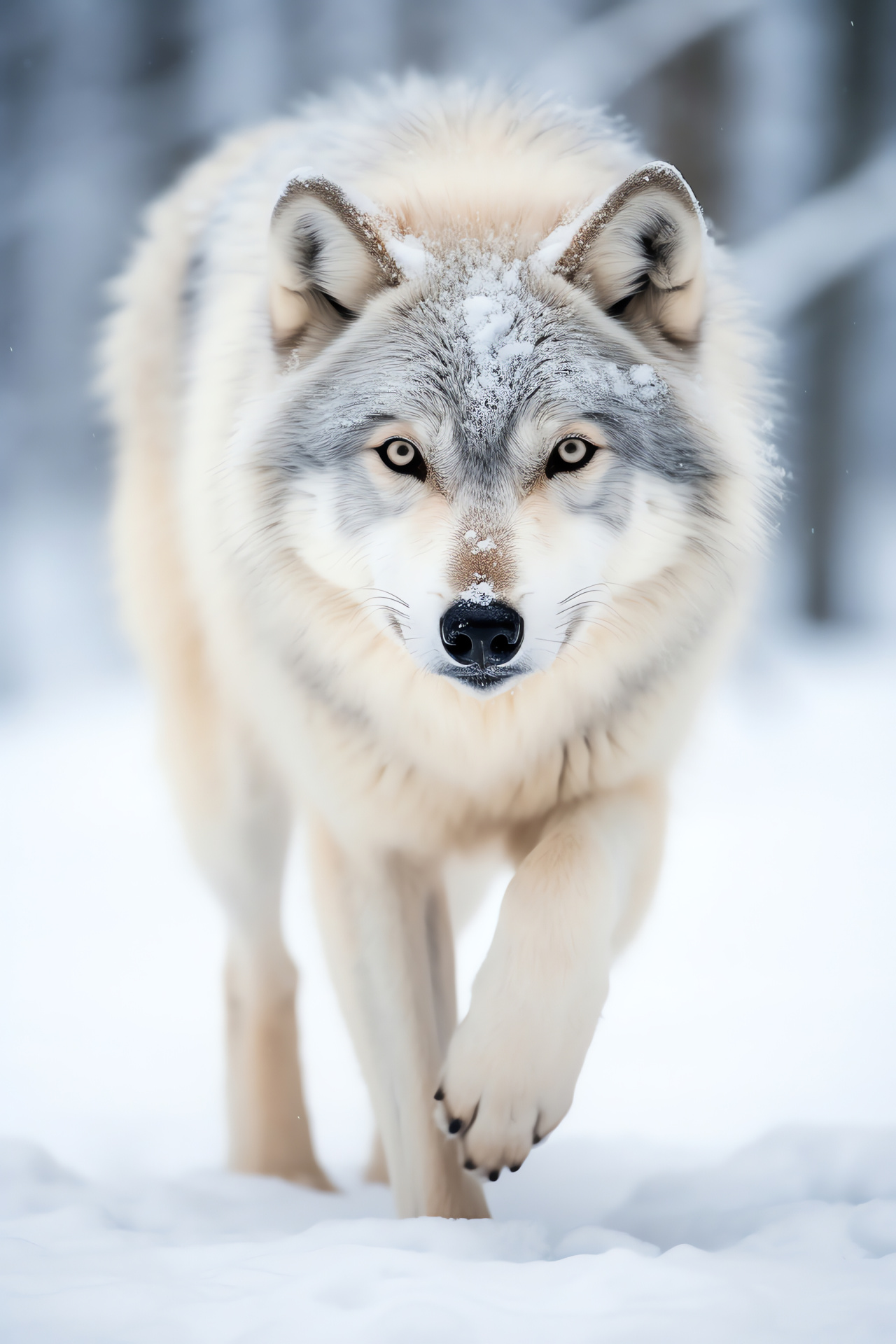 Lupine, Timber Wolf appearance, icy blue gaze, snow-clad setting, youthful canid spirit, HD Phone Wallpaper