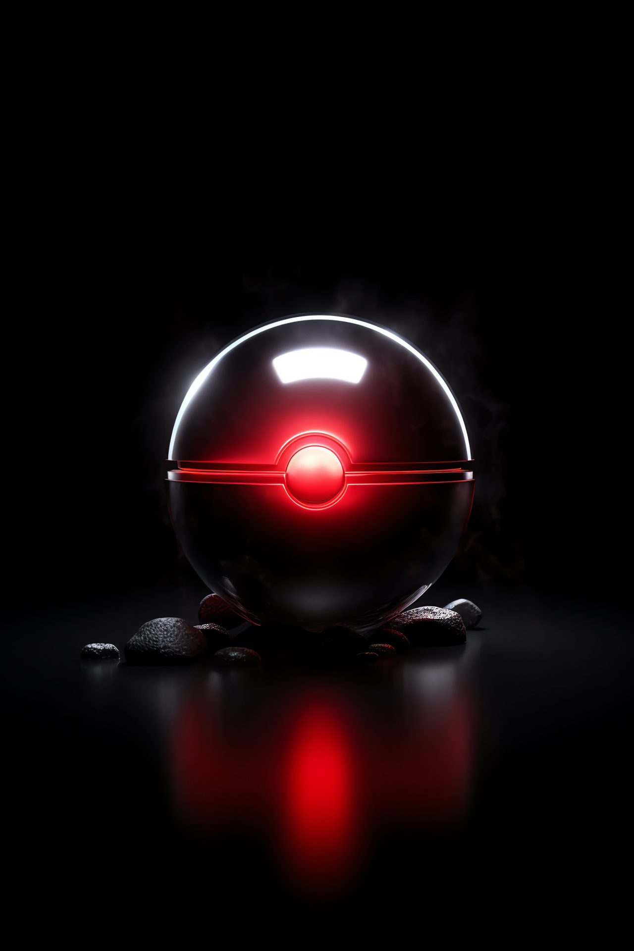 Pokeball item, glossy backdrop, crimson-white pattern, angled sphere, kinetic vibe, HD Phone Image
