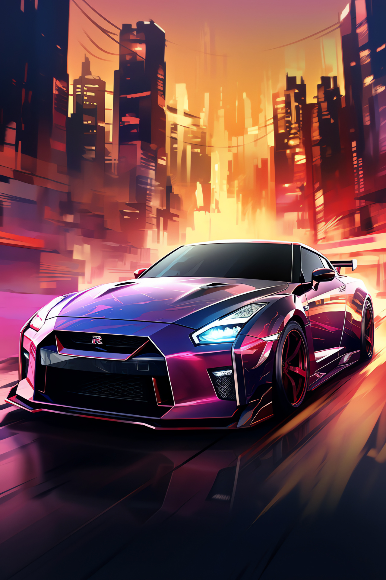 Nissan GTR car detail, Multihued paint finish, Urban skyline backdrop, Full-scale car display, Reflective automotive finish, HD Phone Image