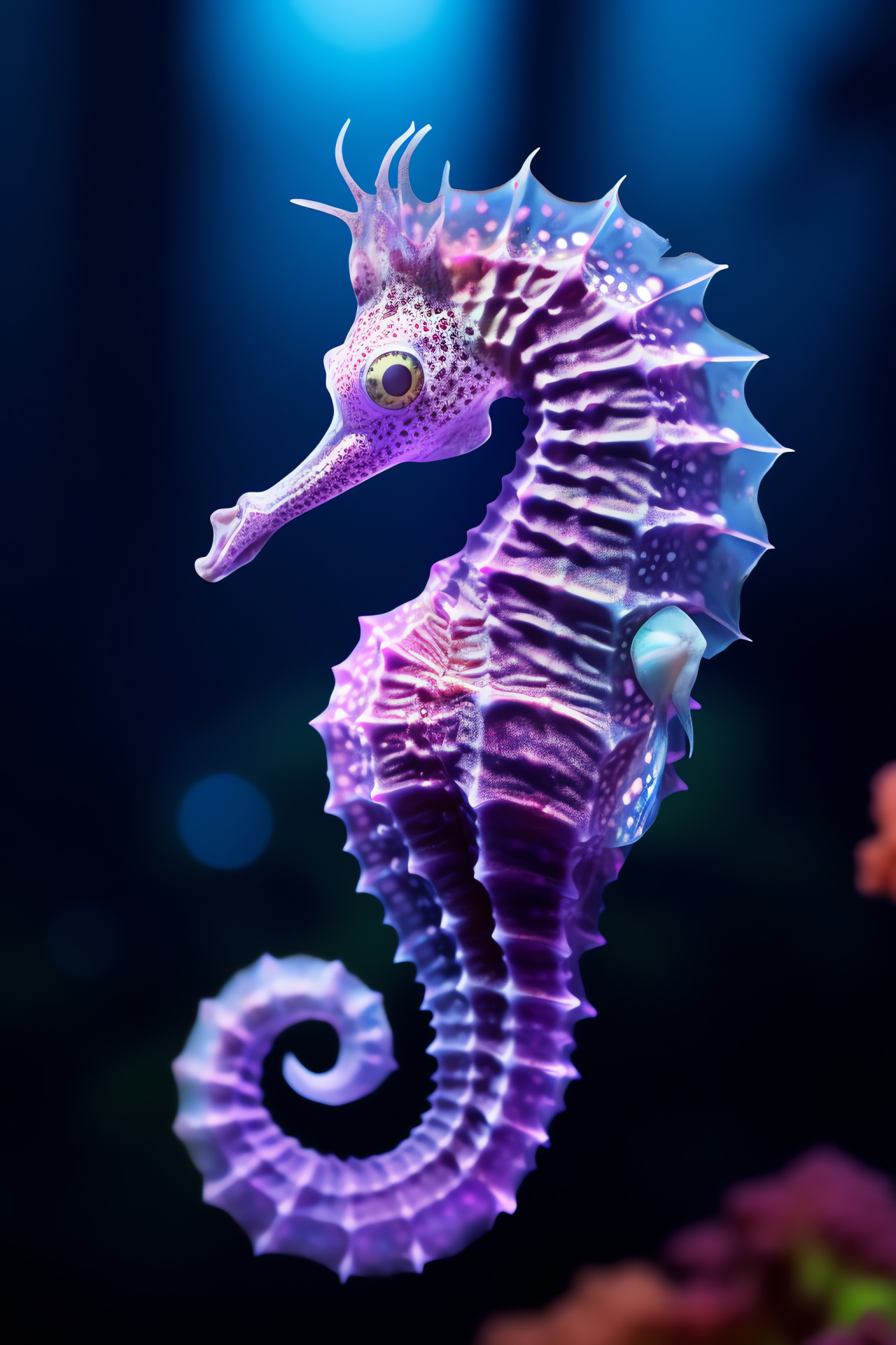 Sea Horse, delicate marine creature, Arabian aquatic environment, vivid violet-eyed, underwater scene, HD Phone Image