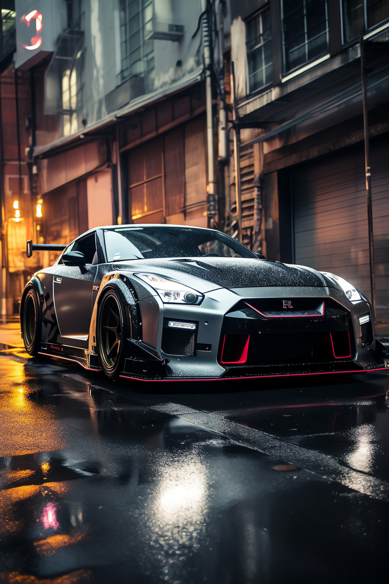 Nissan GT-R modification, Tokyo urban scenery, Enhanced wide aerodynamics, Illuminating customization, Street performance culture, HD Phone Wallpaper