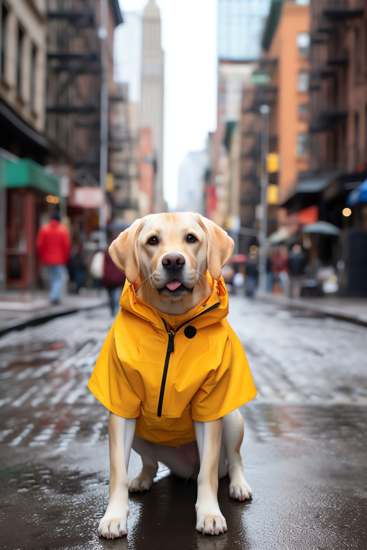 Sociable canine, Urban pet, Busy streetscape, Metropolitan fauna, Lively Yellow Lab, HD Phone Image