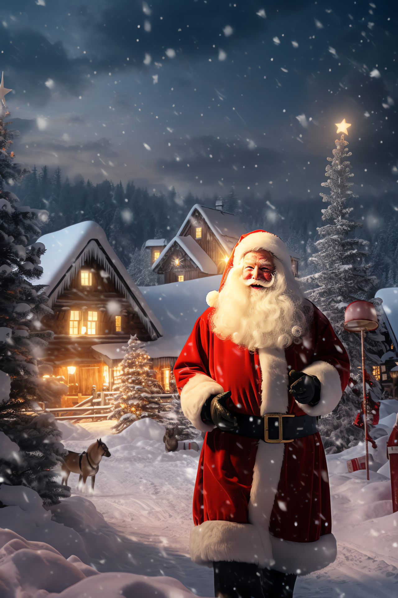 Santa Claus voyage, Decorated hamlet yuletide, Village adornments spark, Frost chimney puffs, Holiday scene, HD Phone Wallpaper