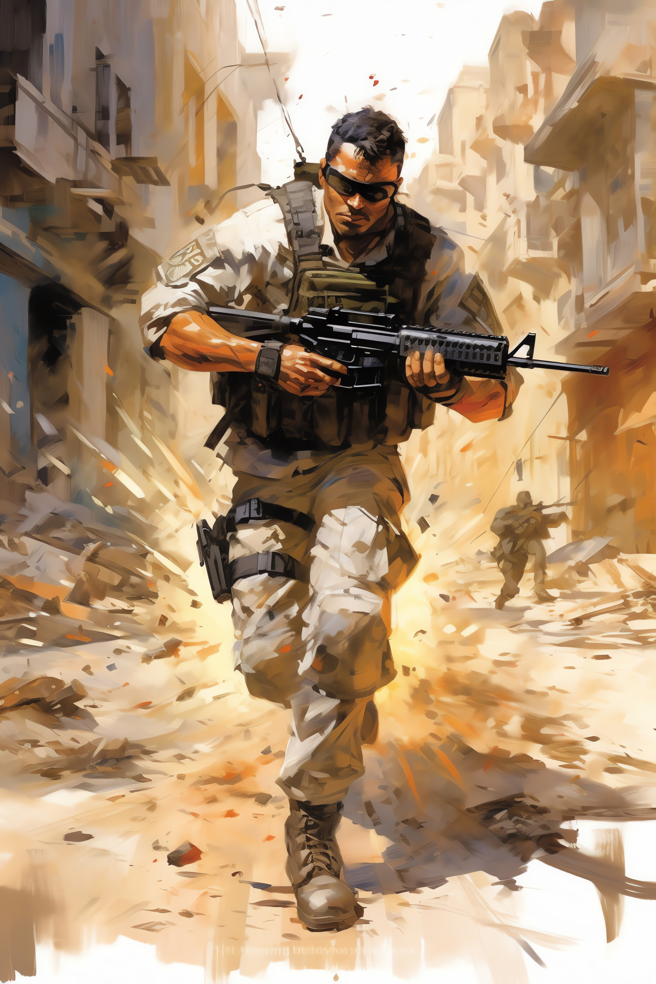 Game character Ramirez, M249 firearm, Urban destruction, Combat scene, Gaming scenario, HD Phone Wallpaper