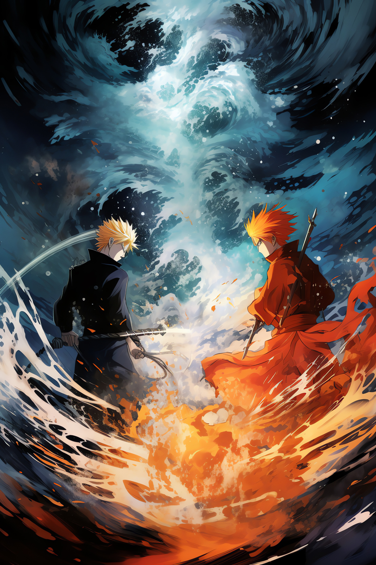 Shinobi and Soul Reaper, anime protagonists, precision hits, energy blades, intense skirmish, HD Phone Wallpaper