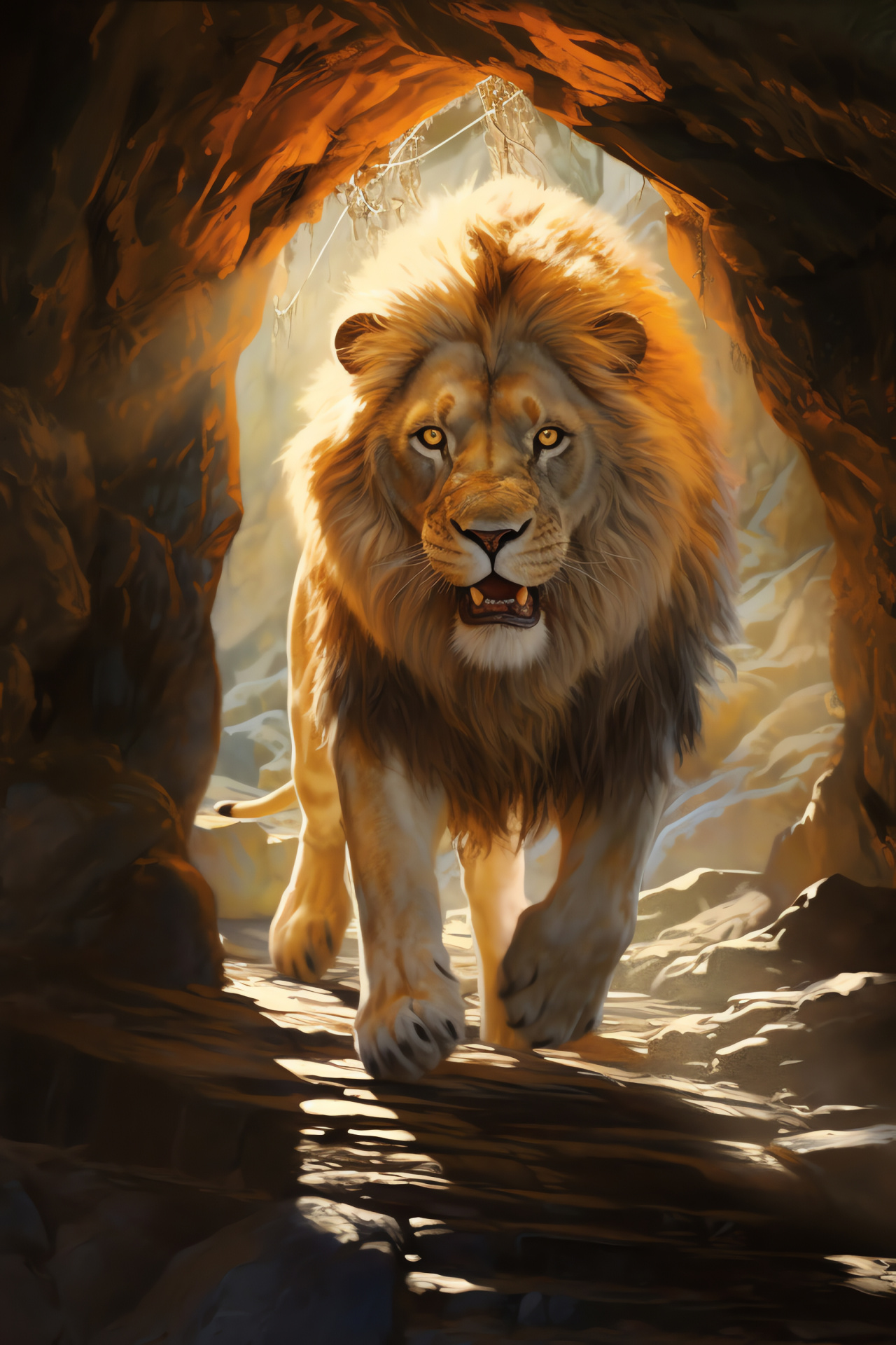 Aslan's cave exploration, Mystical runes surrounding, Adventure tale setting, Narnia's magical creature, Ancient cave lore, HD Phone Image