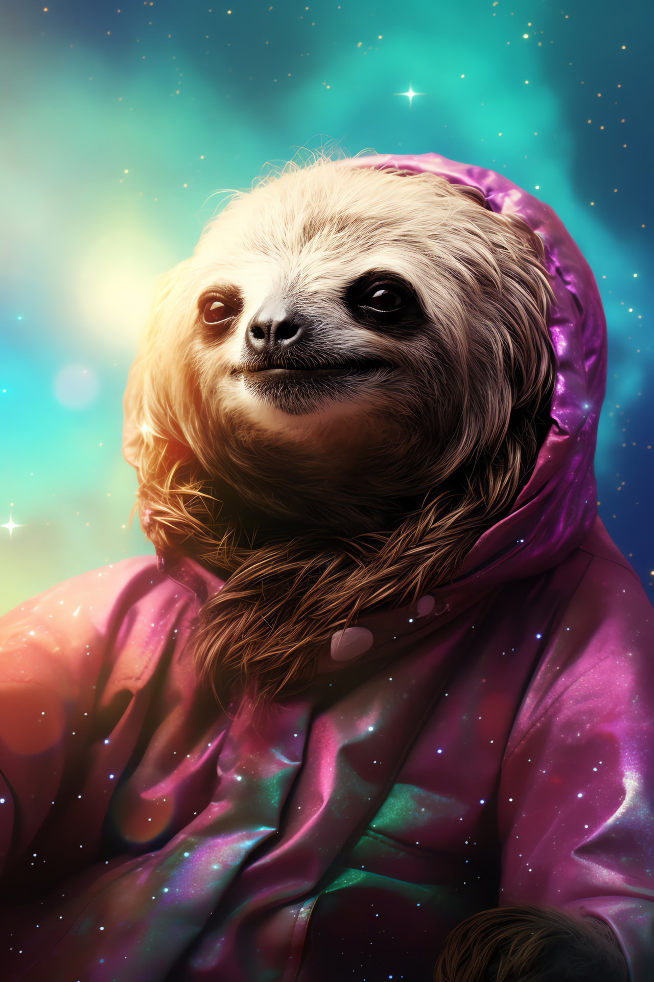 Space-faring sloth, iridescent astronaut suit, galaxy hues tapestry, nebulous backdrop, ethereal slothstronaut, HD Phone Wallpaper