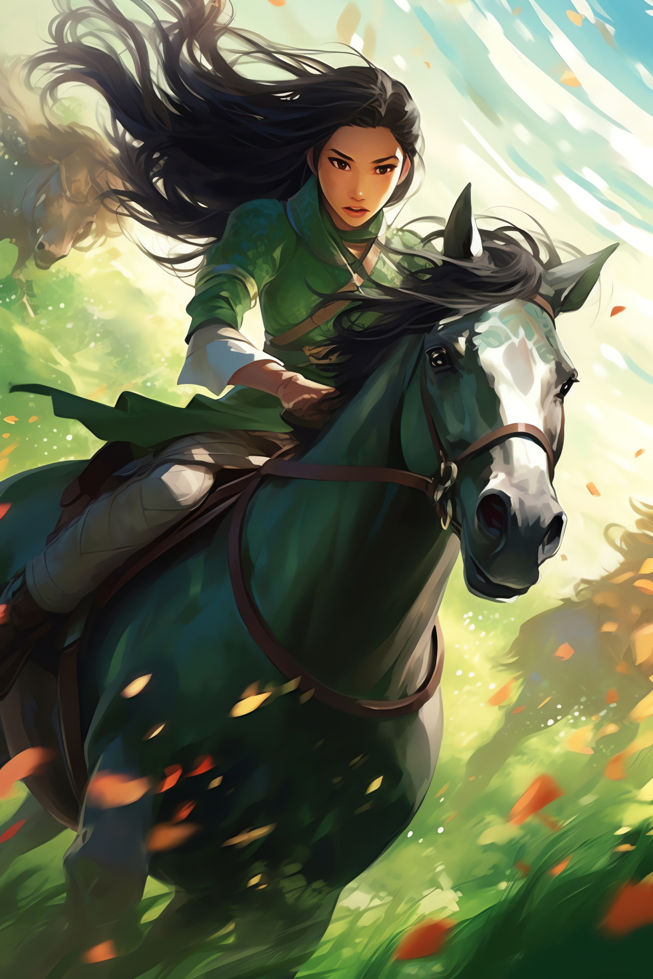 Mulan action pose, Radiant warrior, Equestrian companion, Fantasy movie, Inspiration and courage, HD Phone Image
