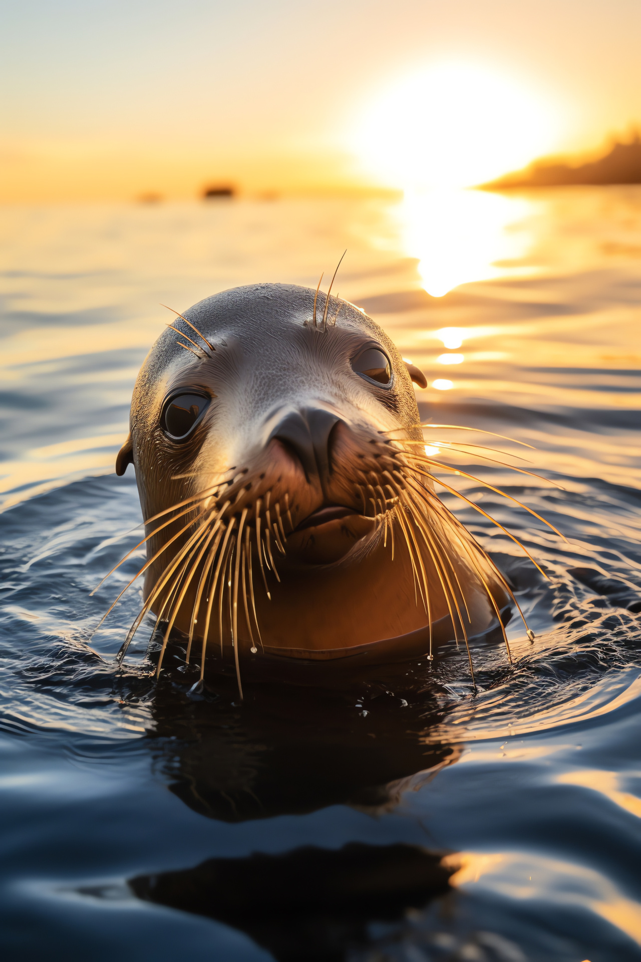 Galapagos sea lion, Shiny brown pelage, Sunset illumination, Playful marine animal, Expressive facial features, HD Phone Image