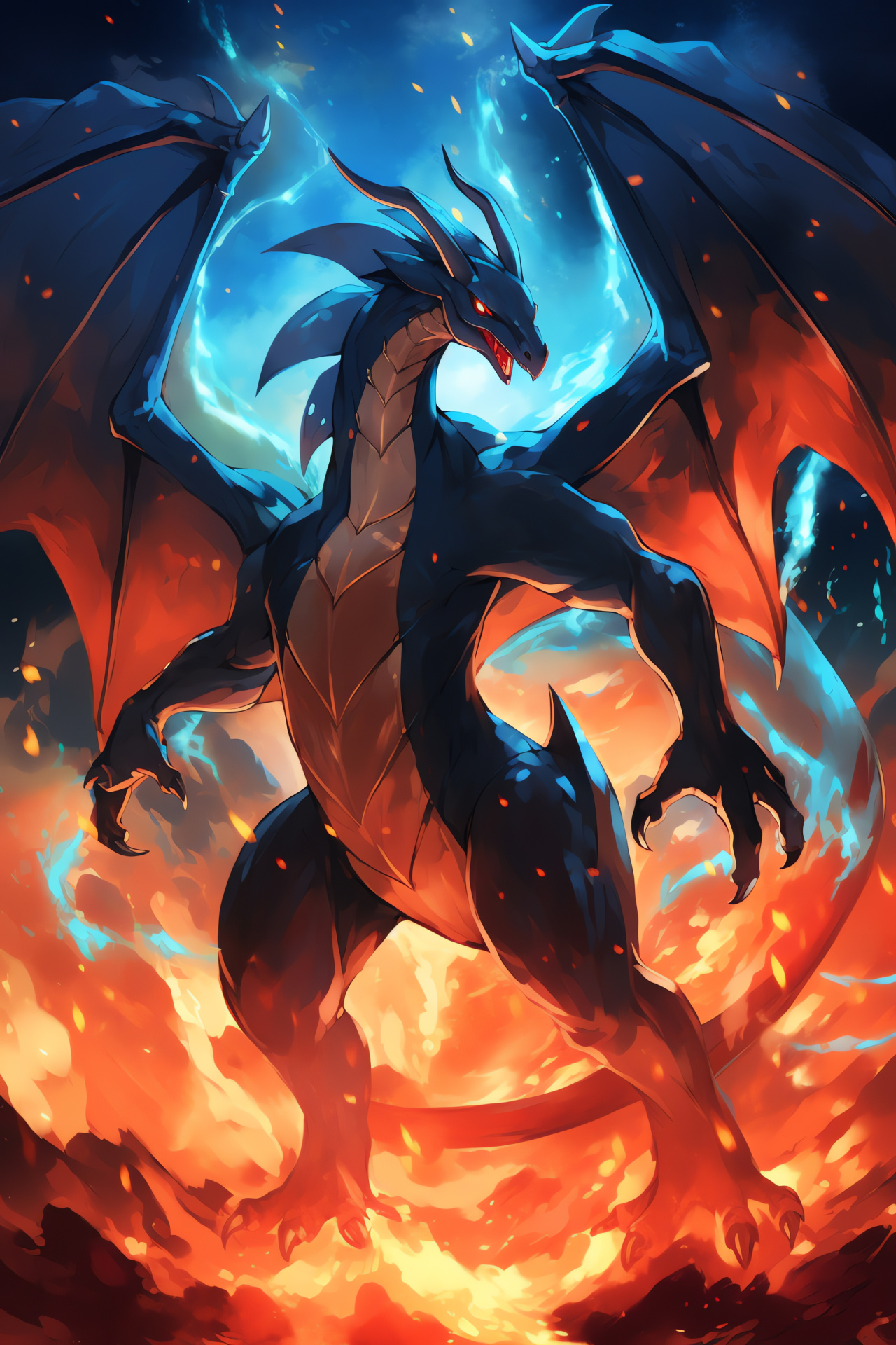 Mighty Charizard, Fiery dragon depiction, Orange and blue contrast, Pokemon gaming legend, HD Phone Image