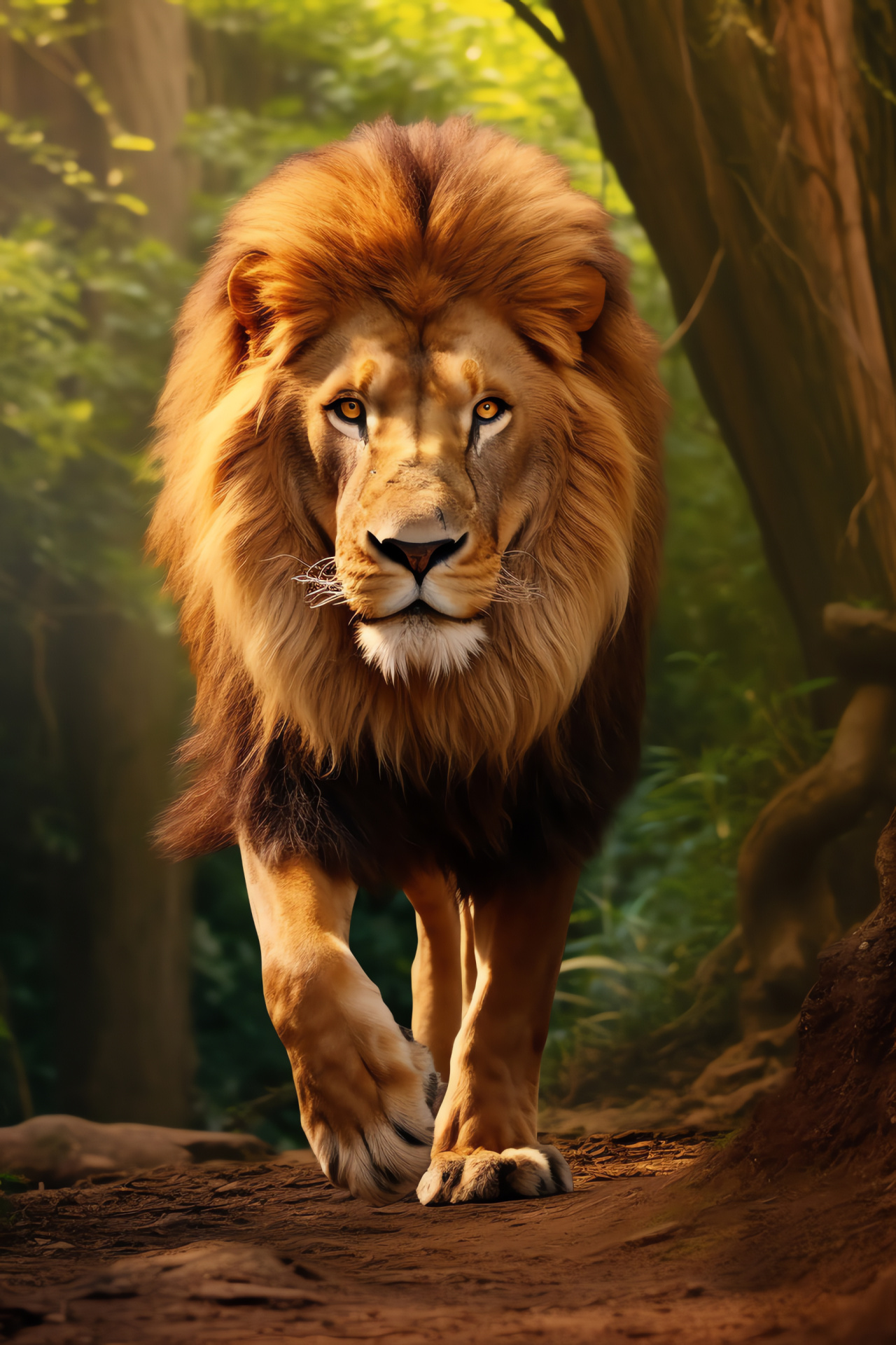 Aslan of Narnia, Enchanted forest setting, Mythical lion, Golden luminous mane, Cine narrative, HD Phone Wallpaper