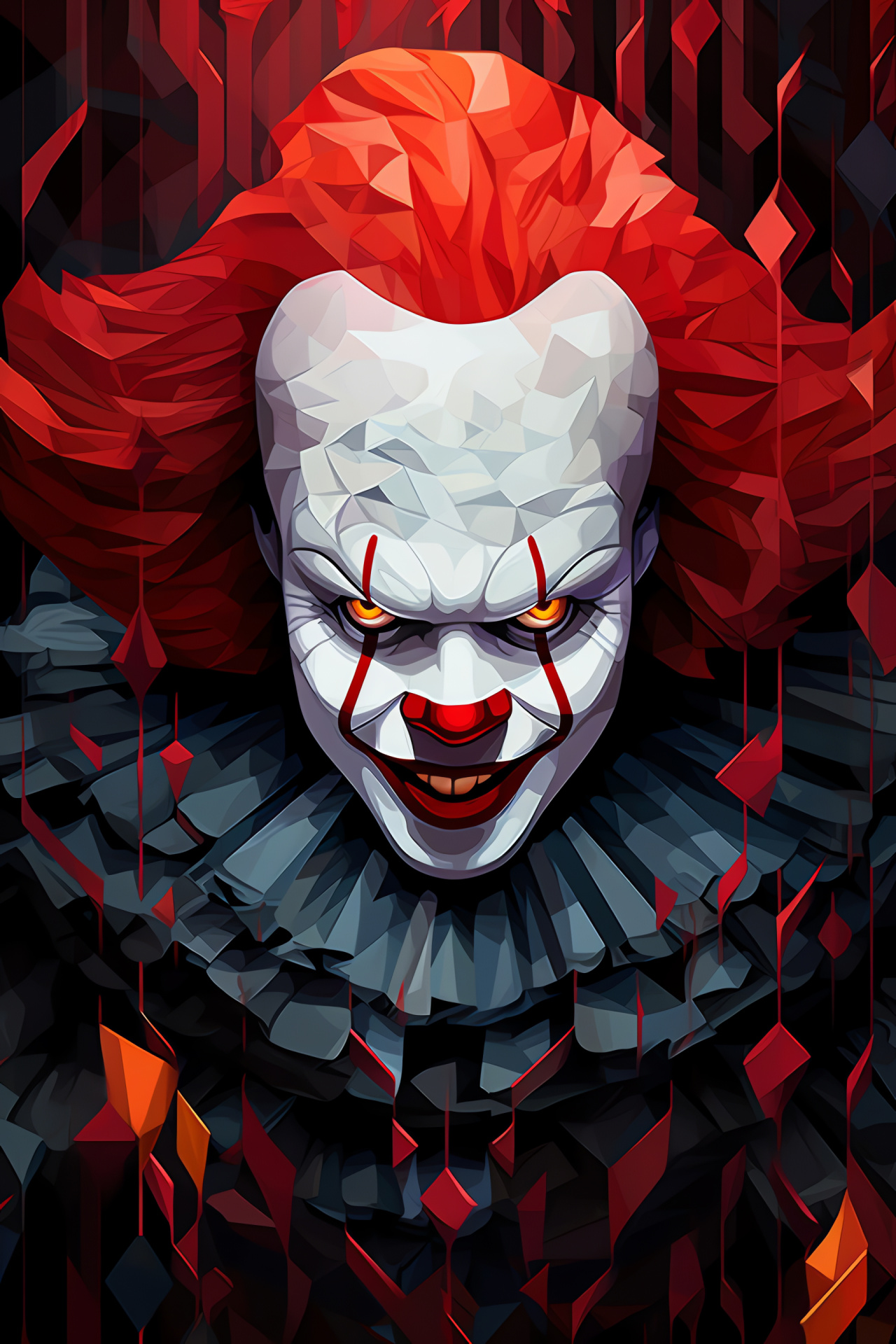 Pennywise abstraction, sinister entertainer, eerie geometry, clown grimace, harlequin dread, HD Phone Image