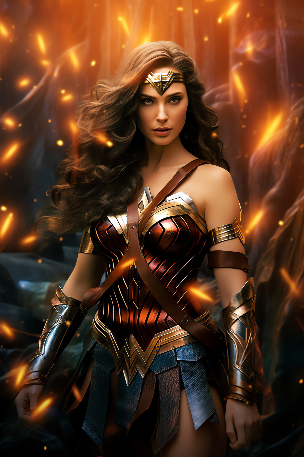 Wonder Woman in battle, Themyscira's champion, iconic weaponry, Amazonian might, DC superhero, HD Phone Image