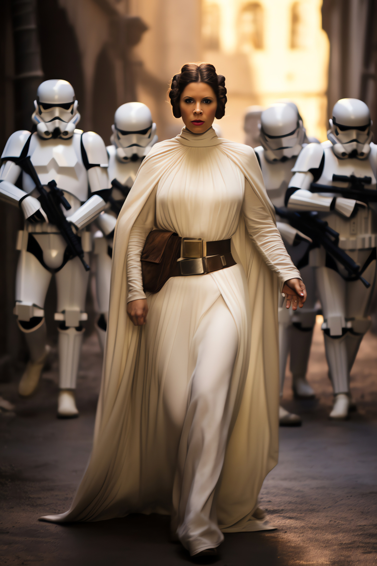 Leia Organa regal stance, Rebellion leader, epic space battle, iconic white attire, galactic warfare, HD Phone Wallpaper