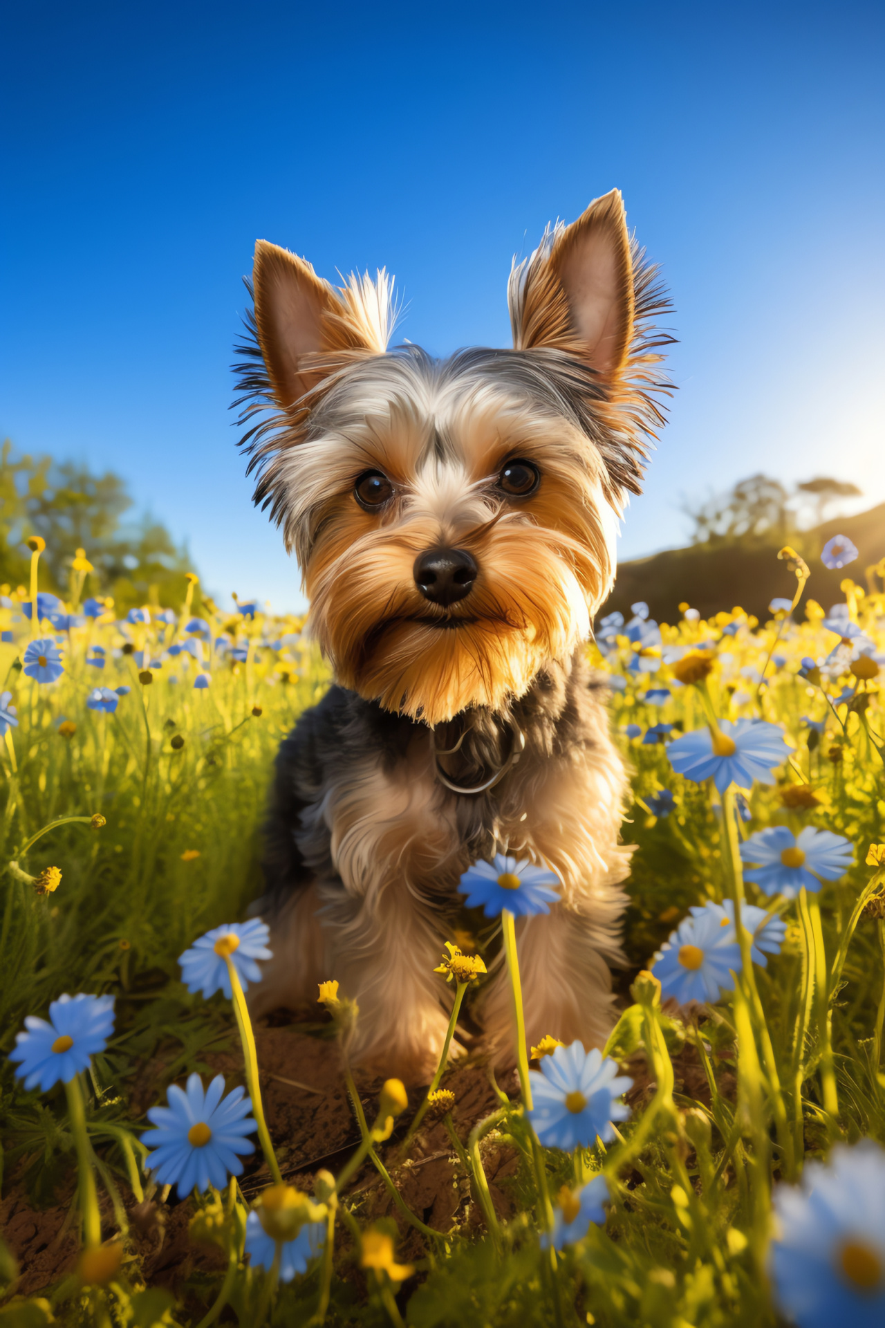 Small terrier breed, Canine with bright gaze, Sky-themed fur, Contrasting dog background, Pet portraiture, HD Phone Image