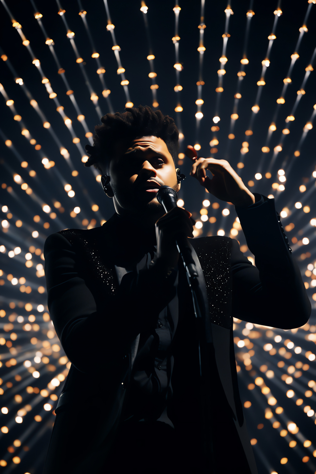 The Weeknd at Pepsi Super Bowl, intricate stage setup, shimmering bedazzled suit, dynamic performance with microphone, HD Phone Wallpaper