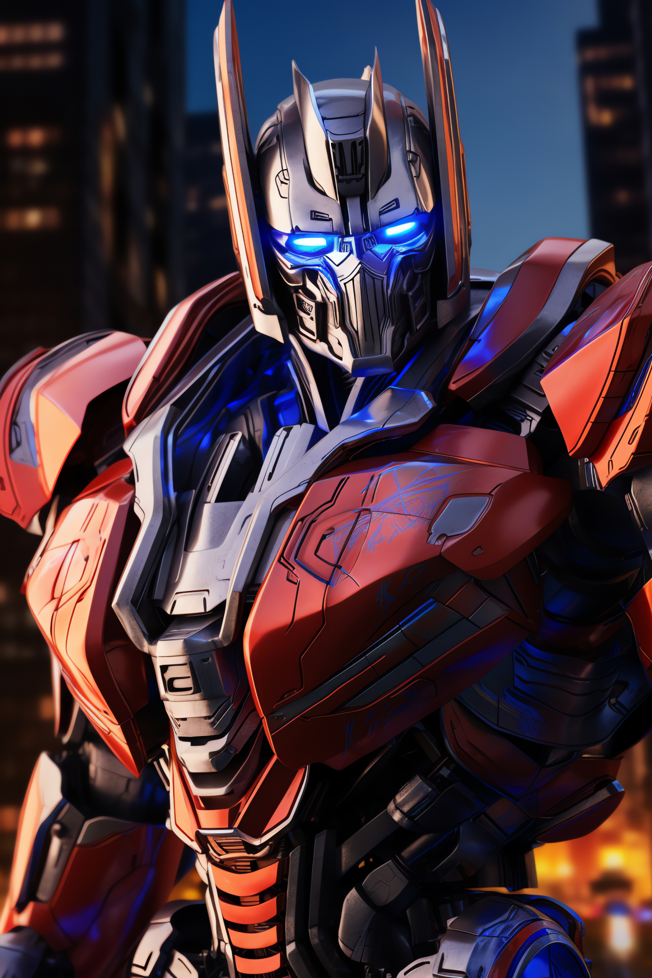 Optimus Prime, Autobot protagonist, Sci-fi skyline, Urban elevation, Futuristic architecture, HD Phone Wallpaper
