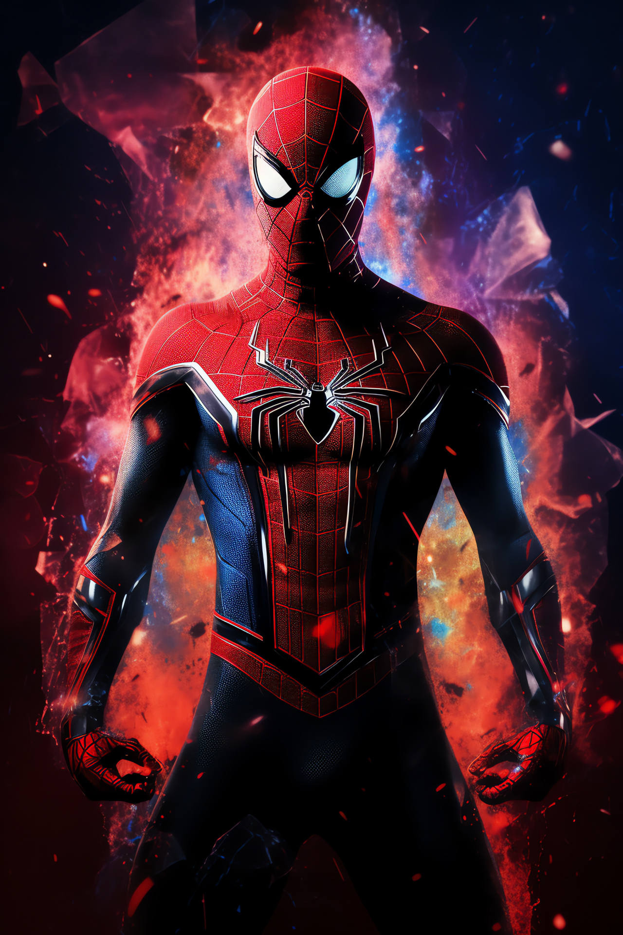 Spiderman vigilance, iconic superhero posture, suit detailing, spider emblem, comic book heroism, HD Phone Image