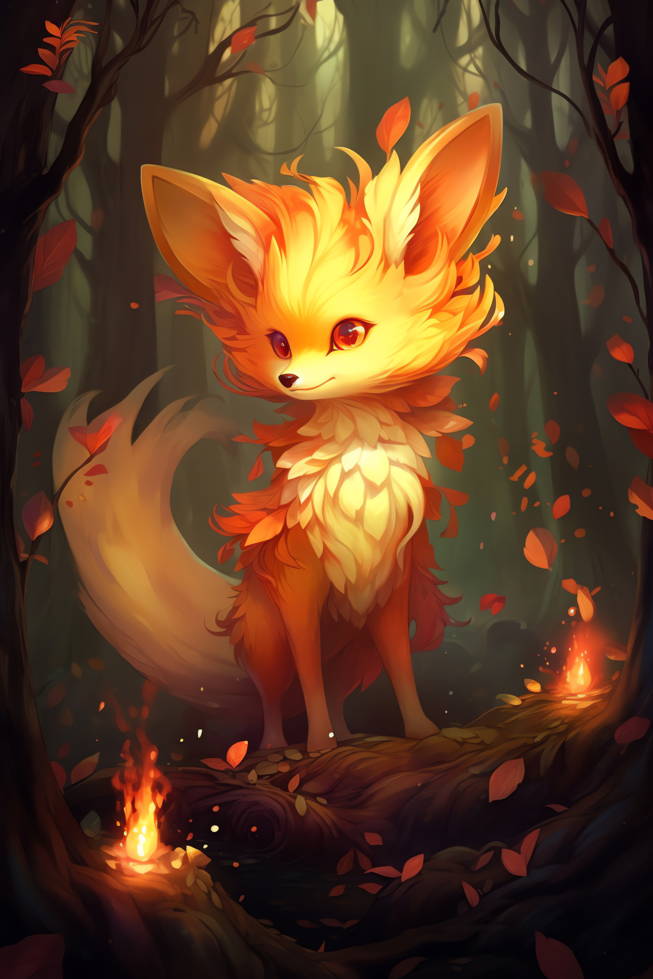Magical creature Fennekin, Pyrokinetic Pokemon, Ethereal woodland, Radiant fiery coat, Spectral blaze, HD Phone Wallpaper