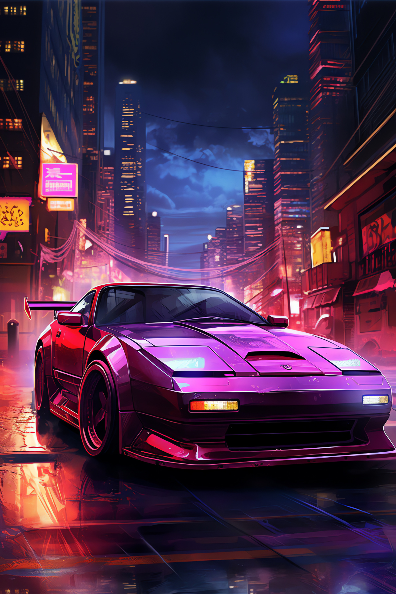 Japanese sports car, urban nightscape, high-tech city life, automotive beauty, light trails, HD Phone Wallpaper
