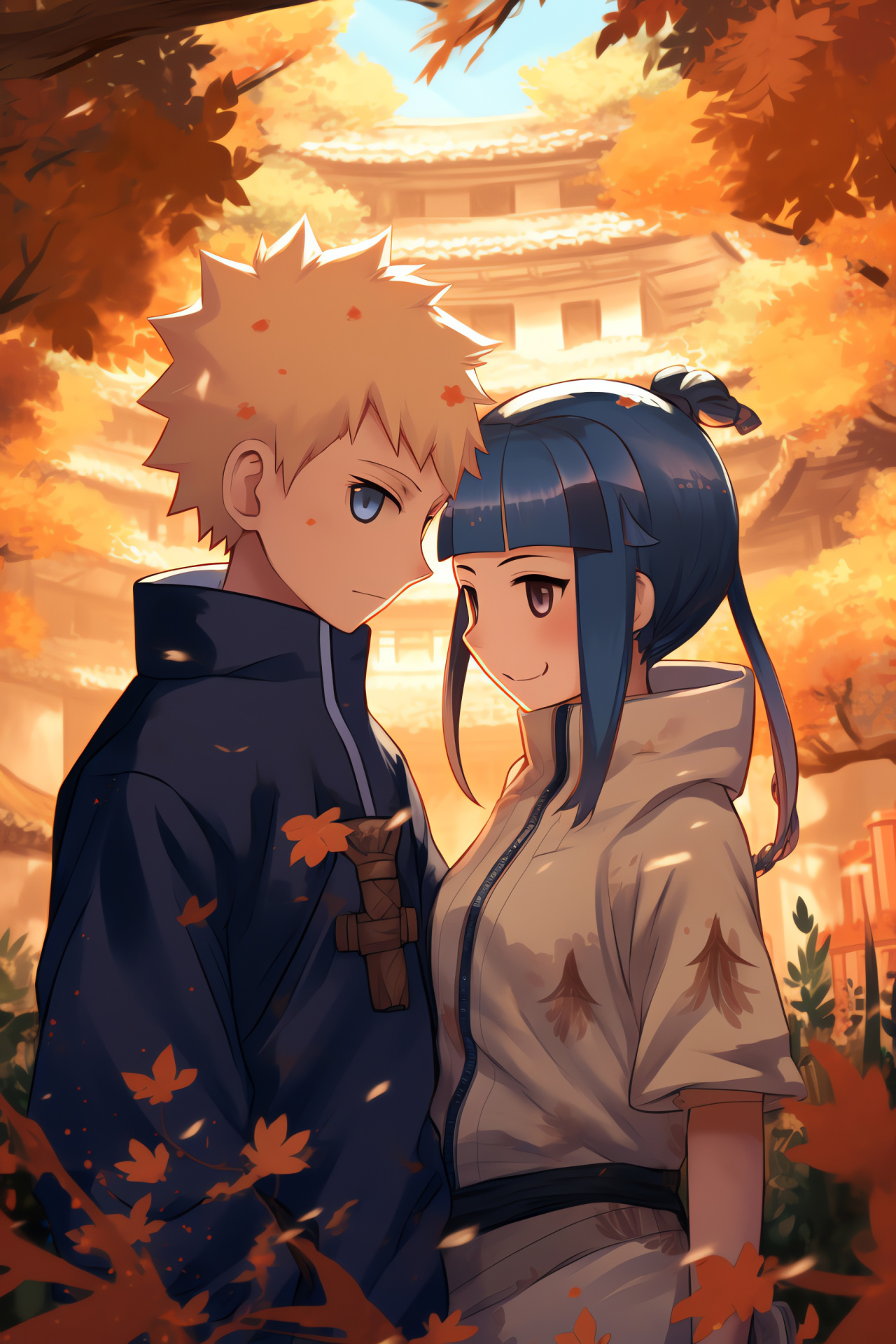 Naruto Uzumaki, Hinata Hyuga, Anime characters face, Sakura trees, Serene water features, HD Phone Wallpaper