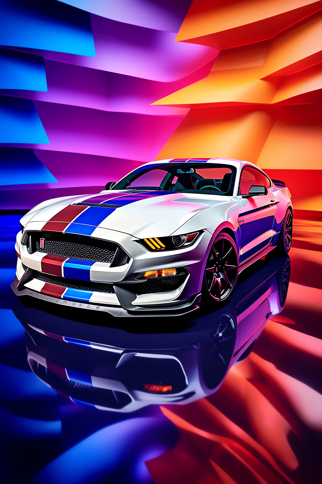 Ford Mustang GT350, Tri-tone backdrop, Vibrancy of shades, Elevated car perspective, HD Phone Image