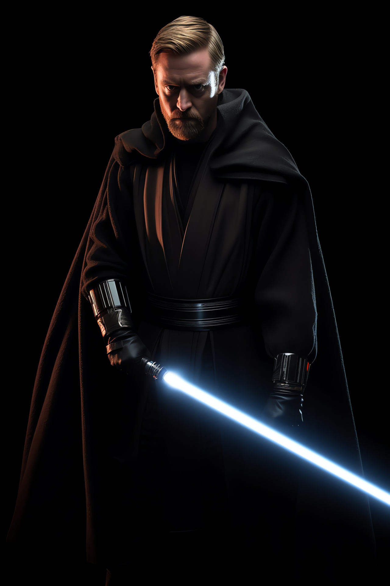 Obi Wan Kenobi portrayal, Stark contrast attire, Jedi movie moment, Lucid force blade, Character intensity, HD Phone Wallpaper