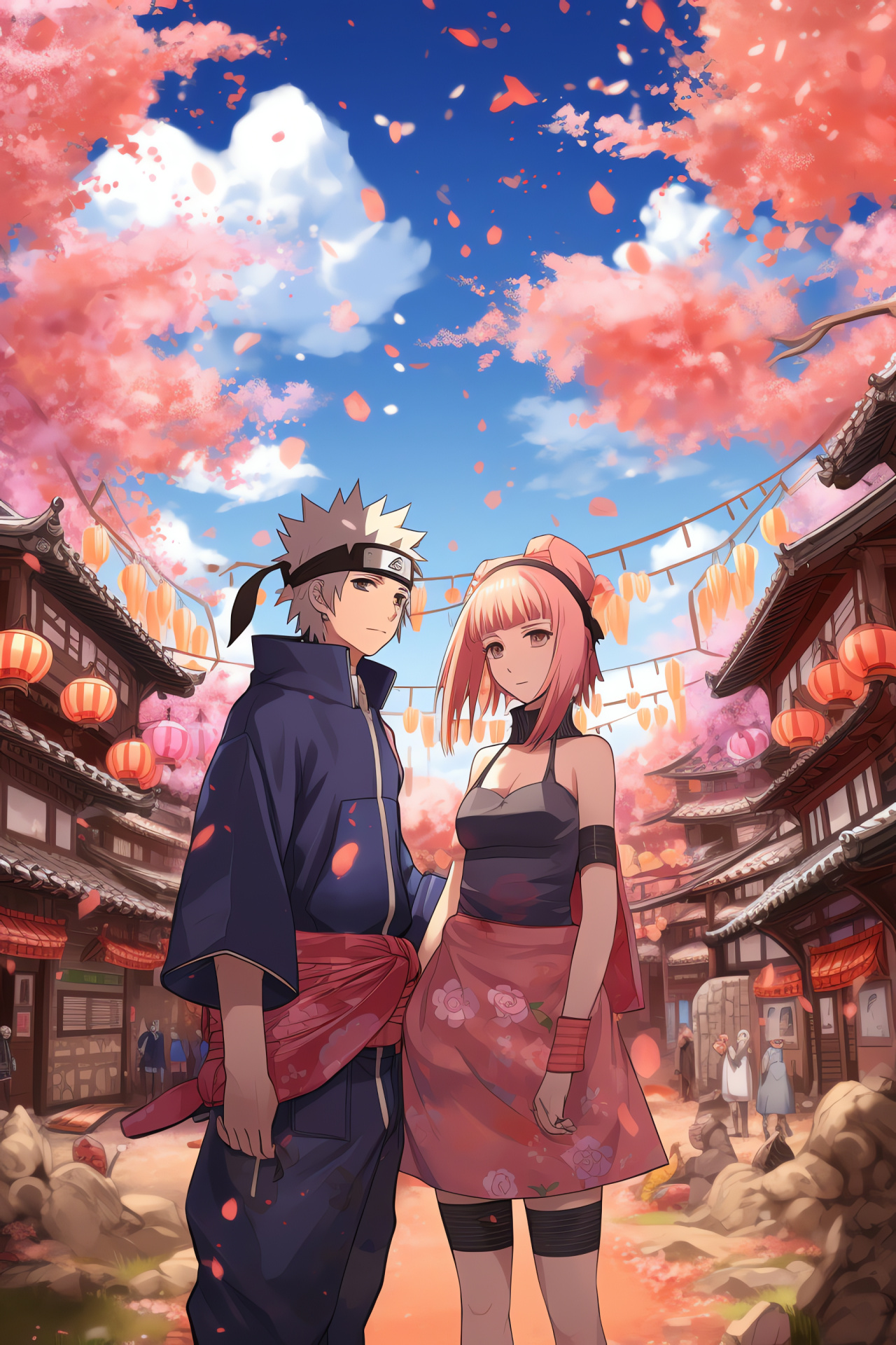 Naruto Uzumaki and Sakura Haruno, Cultural festival theme, Traditional attire illustration, Anime rural scenery, Cherry blossom milieu, HD Phone Image