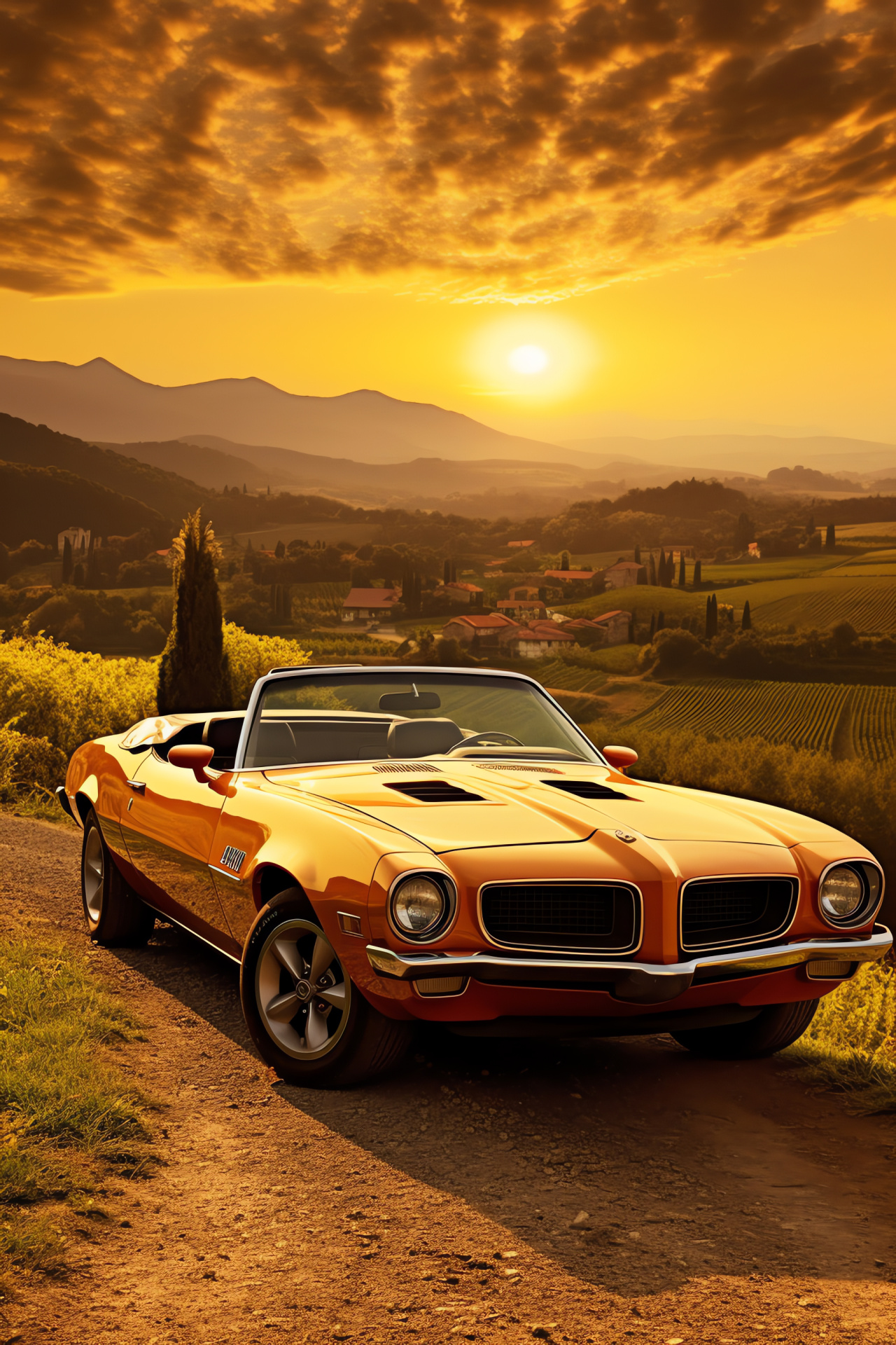 Pontiac Convertible adventure, Tuscany tour, Firebird in the countryside, Scenic Italian road, Open-top freedom, HD Phone Wallpaper