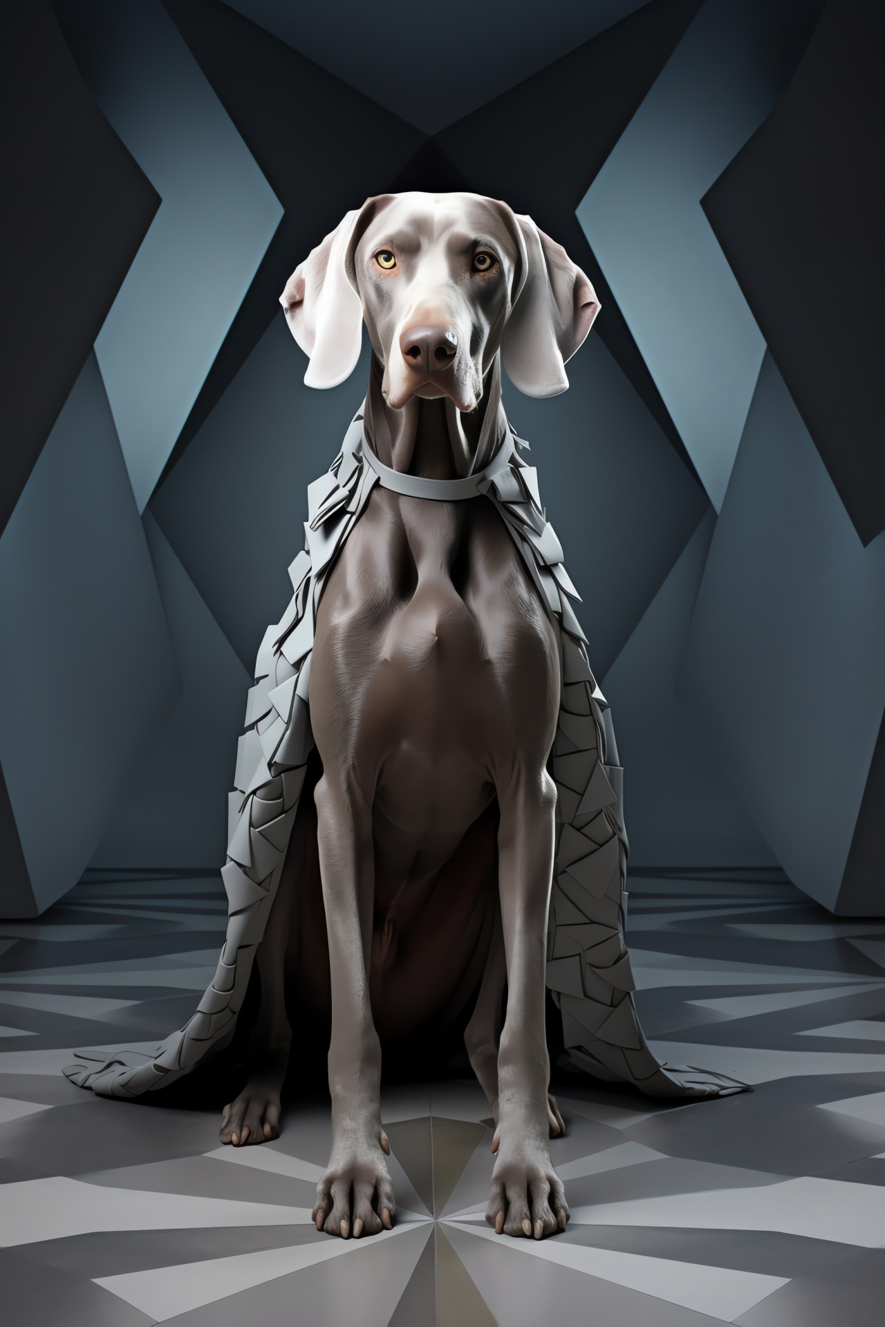 Elegant Weimaraner, Long Weimaraner portrayal, Geometric pattern design, Monochromatic shades, Canine form, HD Phone Wallpaper