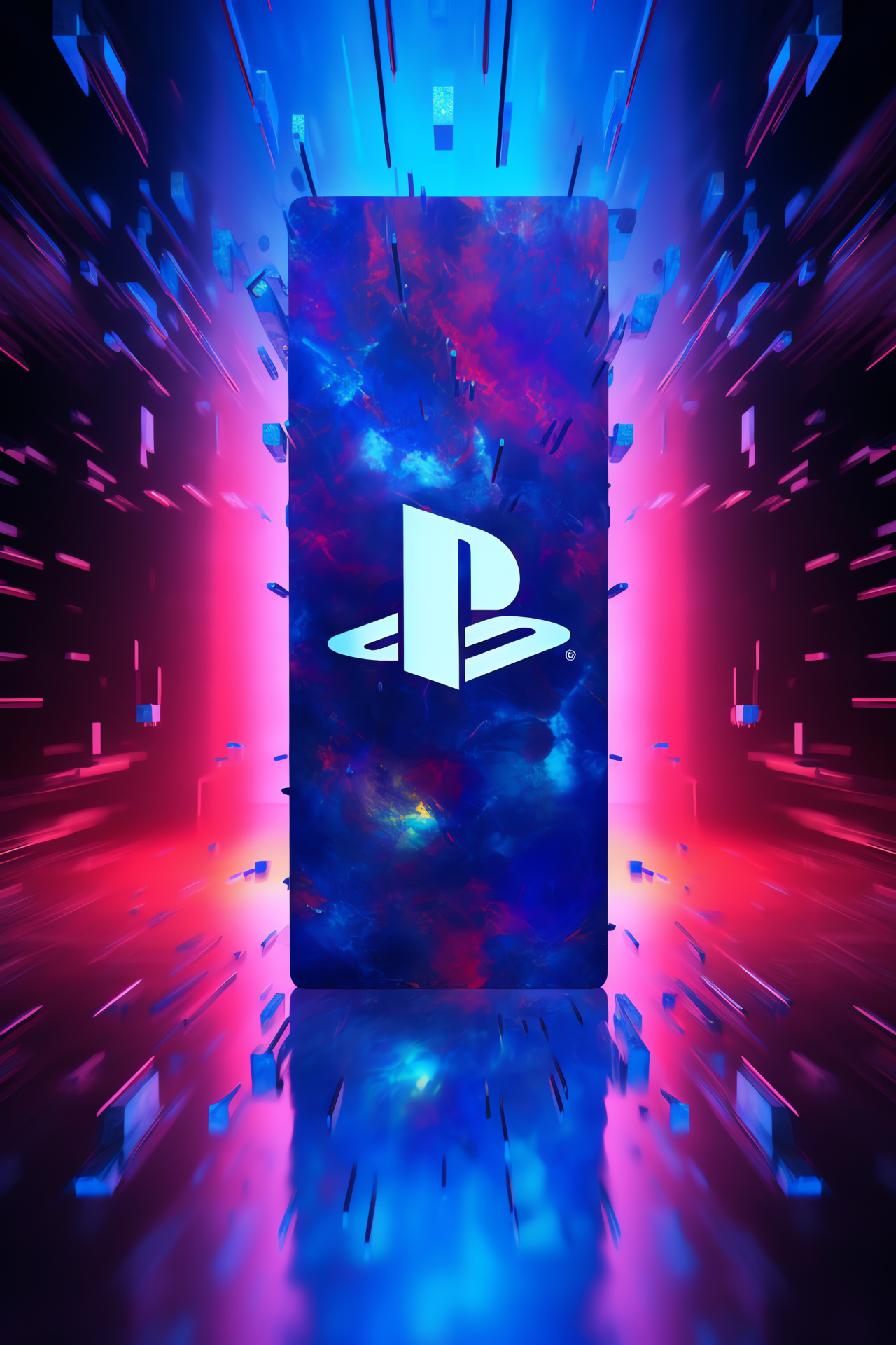 PS4 badge artistry, Complex geometric backcloth, Bright tangerine swirls, Azure shades, Artistic wallpaper motifs, HD Phone Image
