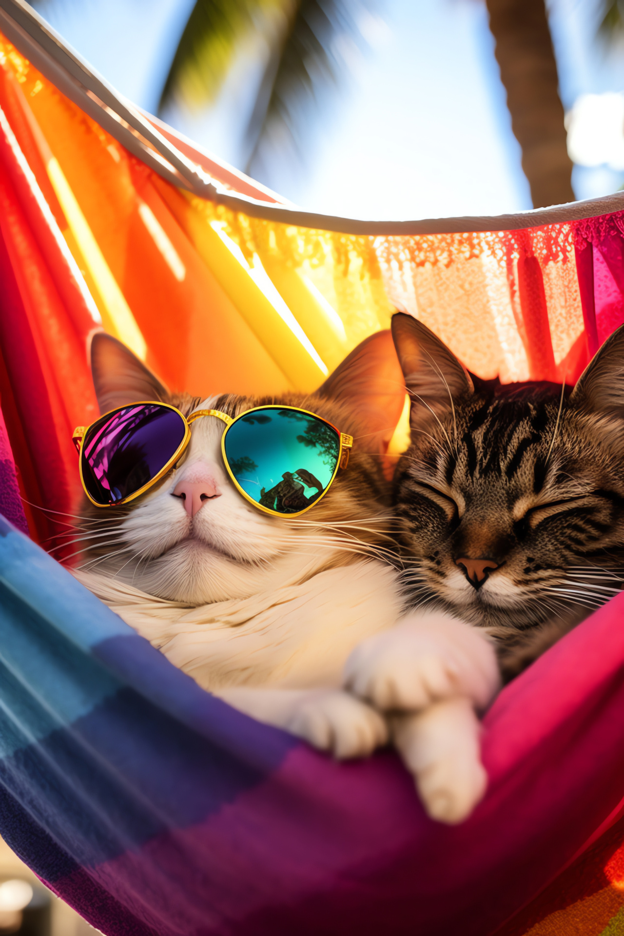 Endearing pets relax, Feline eye protection, Multicolored rest area, Tropical tree species, Island vibes, HD Phone Image