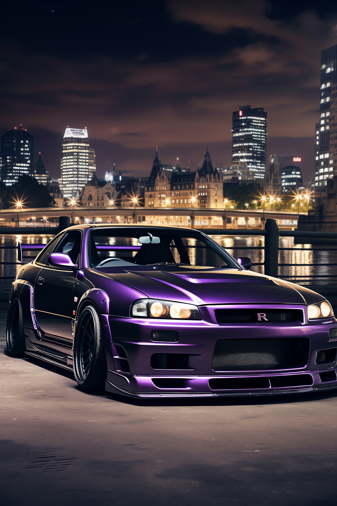 Nissan Skyline GTR R33 London nights, Midnight Purple hue, Capital city streets, Tower Bridge landmark, UK driving, HD Phone Image