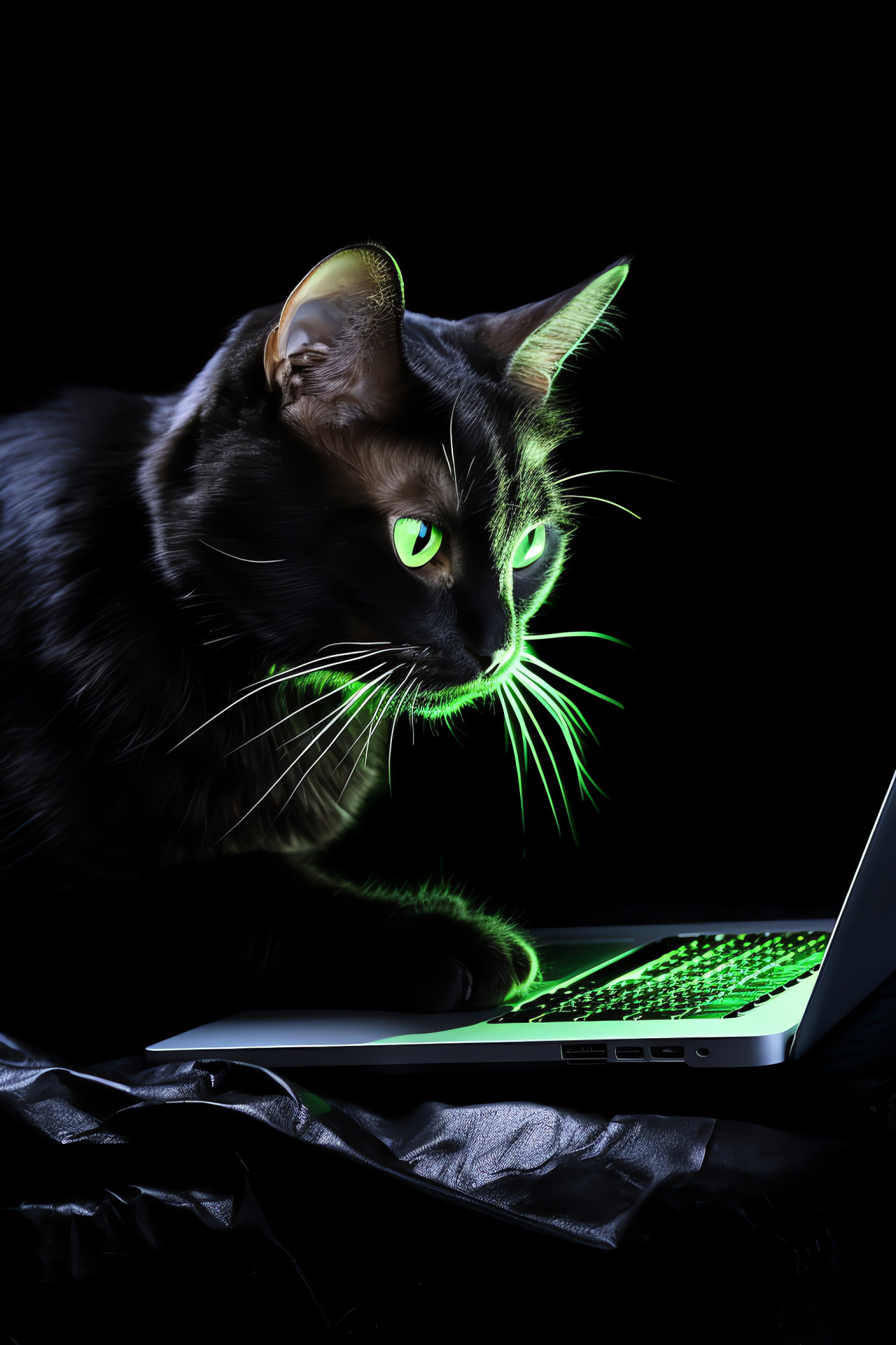 Feline technophile, Domestic short-haired breed, Reflective ocular feature, Home office, Tranquil pet portrait, HD Phone Image